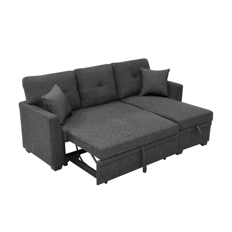 76.5" Linen Blend Upholstered Sectional With Pull-Out Bed And Chaise Storage, Charcoal Black Linen