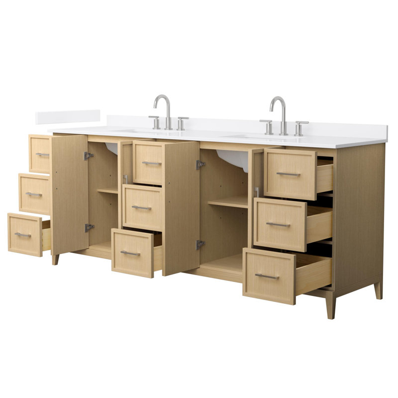 Elan 84-Inch Double Vanity in White Oak with Nickel Trim and White Quartz Top