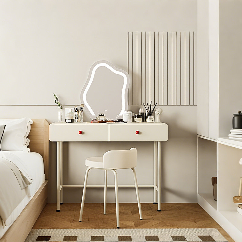 Meuble-lavabo 31,50 po de style crème en acier au carbone blanc avec tabouret de maquillage et miroir