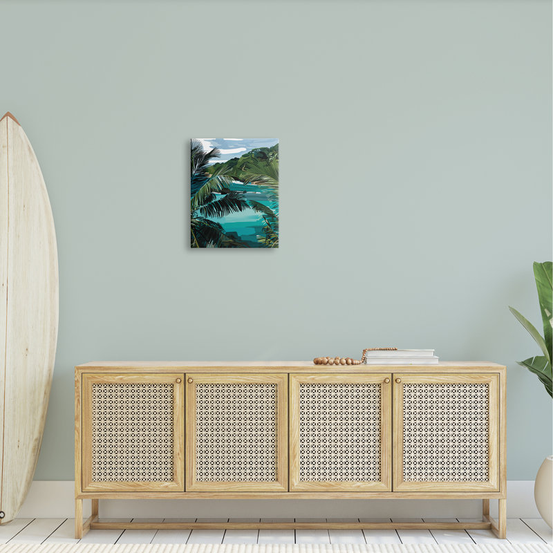 «Tropical Ocean Inlet Lush Palm Tree Hills» par Amelia Noyes - Peinture, H 20 po x l 16 po x P 1,5 po, Toile tendue
