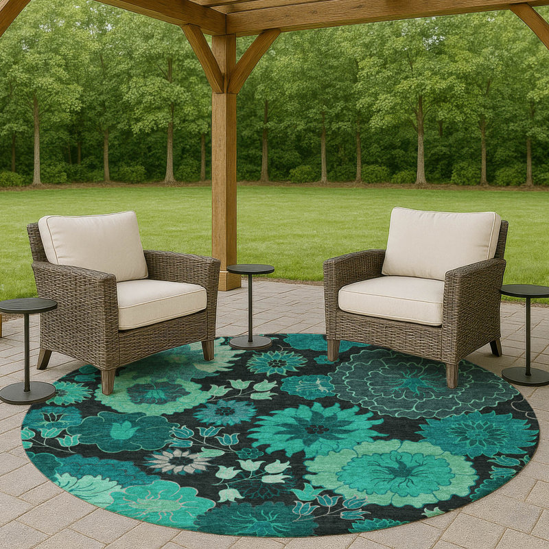 Machine Washable Indoor/Outdoor Chantille ACN2295 Floral Rug, Round 8'
