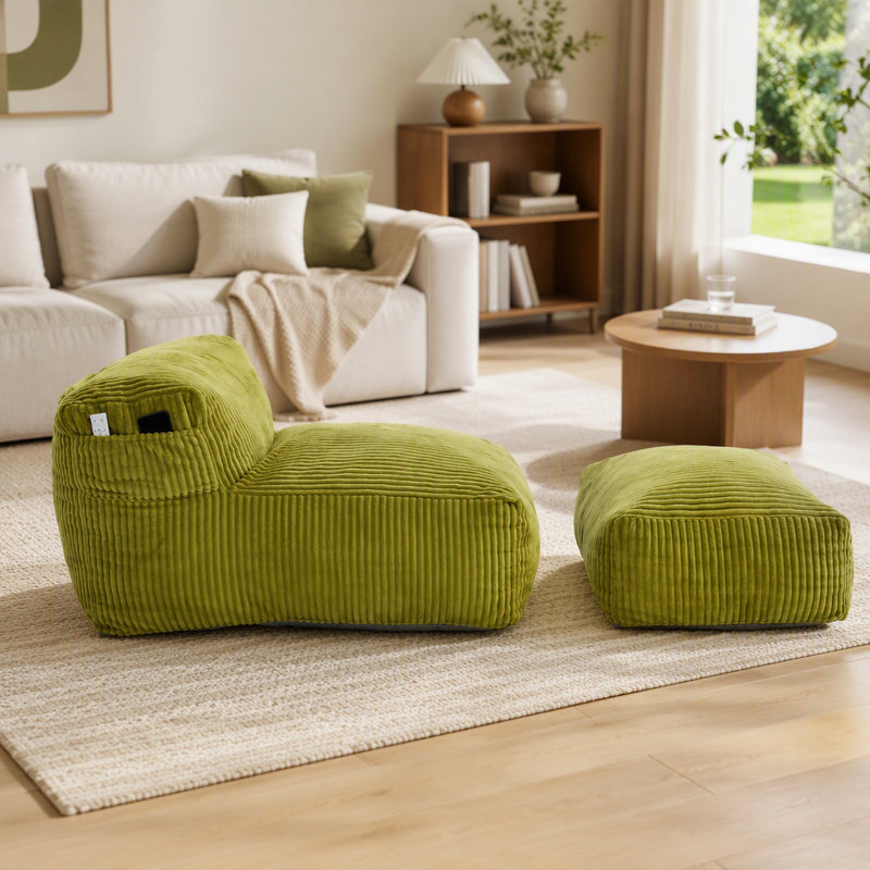 Fauteuil à billes avec repose-pieds, Olive