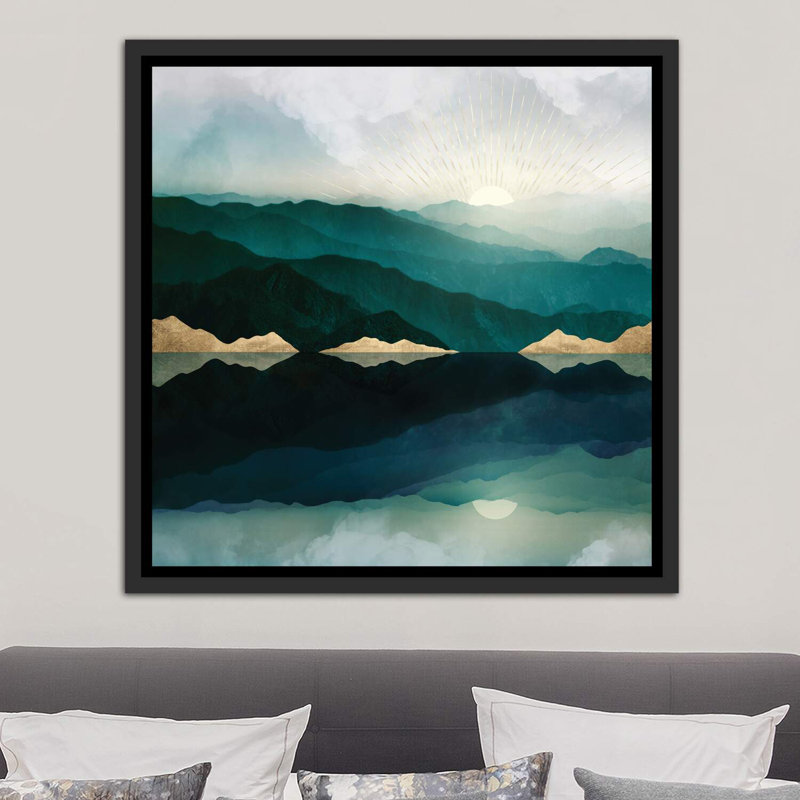 Waters Edge Reflection - Imprimé, Cadre flottant noir patiné, H 37 po x l 37 po x P 1,5 po