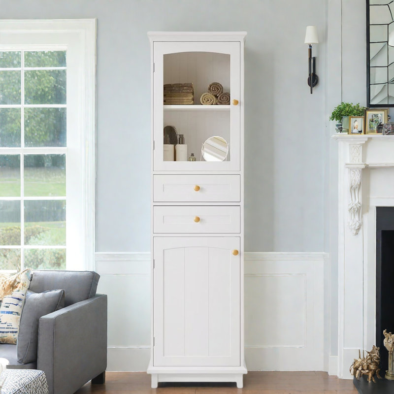 Armoire de rangement pour salle de bain avec portes en verre, 2 tiroirs et tablettes réglables, Blanc