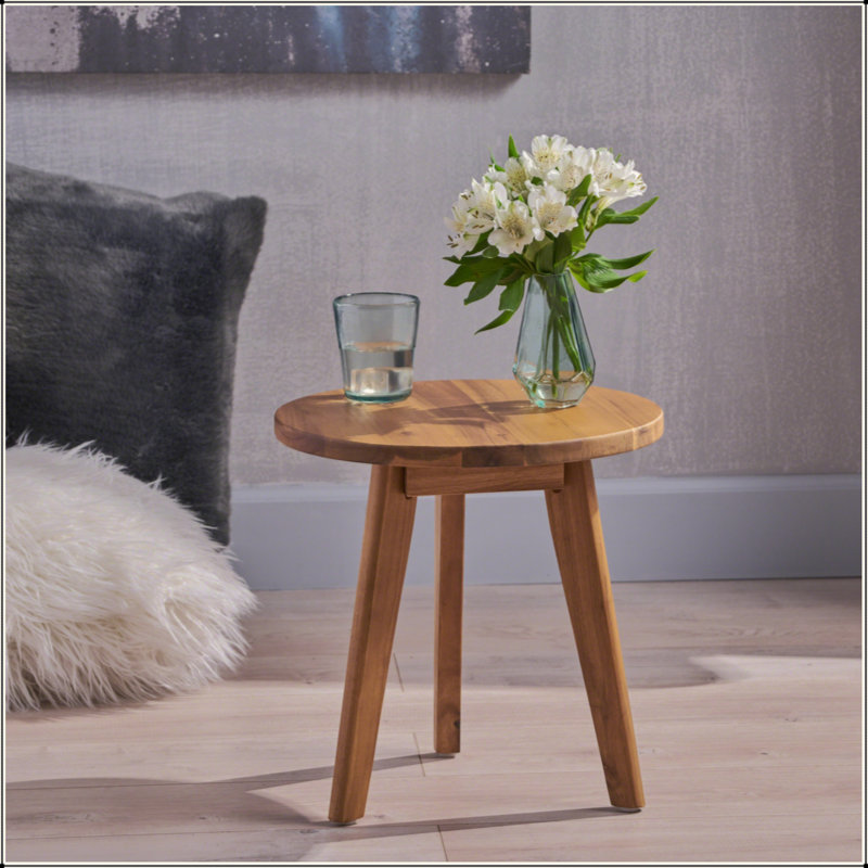 Charmante table d'appoint en bois d'acacia avec plateau rond élégant et pieds ludiques, Teinte naturelle