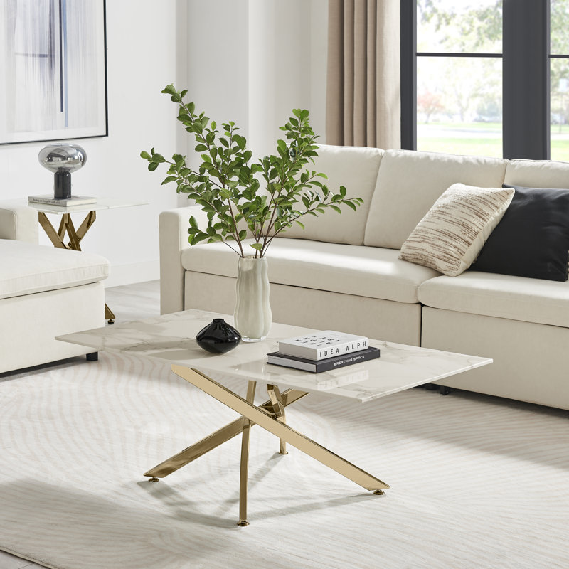 Atal Marble Effect Coffee Table - Glass Topped Metal Leg Centre Table, White, Gold