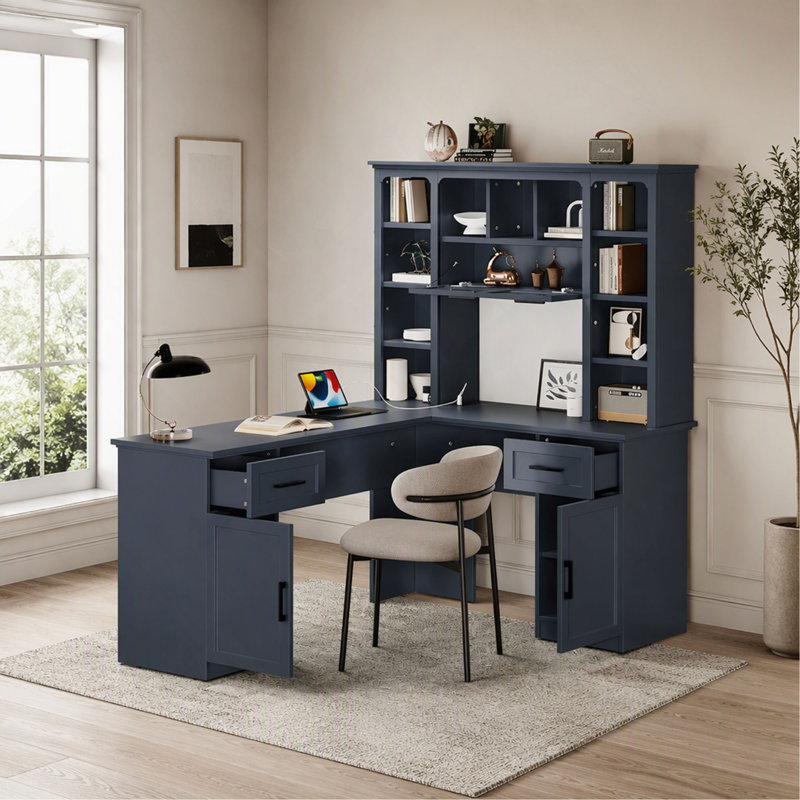 Bureau d'ordinateur en L, bleu antique, 2 armoires, 2 tiroirs et 11 tablettes, avec prise de courant, Bleu antique