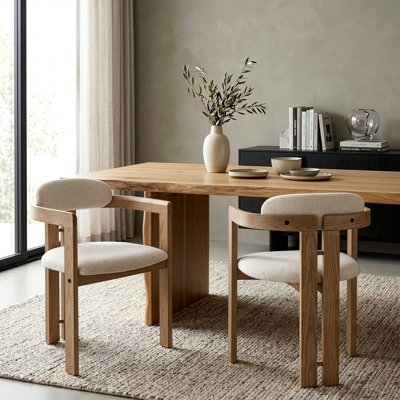 Set of 2 Berne Beige Washed Fabric Dining Chair with Natural Wood Arms and Legs