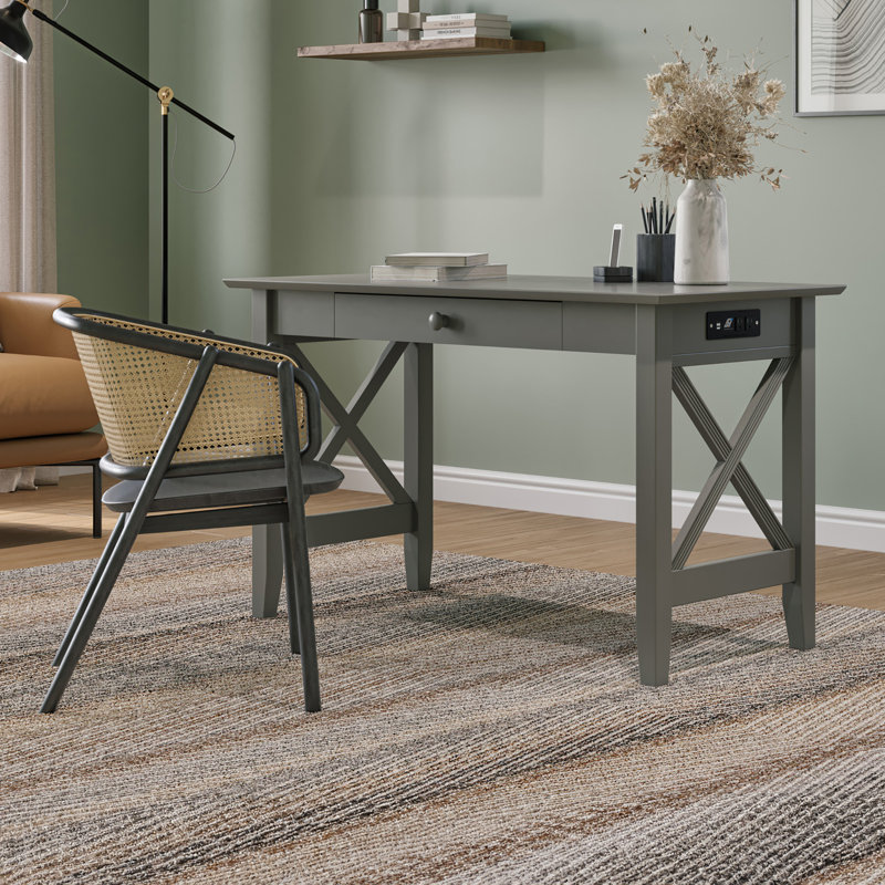 Taci Solid Wood Desk with Drawer and Built-in USB Charger, Gray