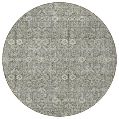 8' Round Cream and Tan Round Floral Washable Non Skid Indoor Outdoor Area Rug