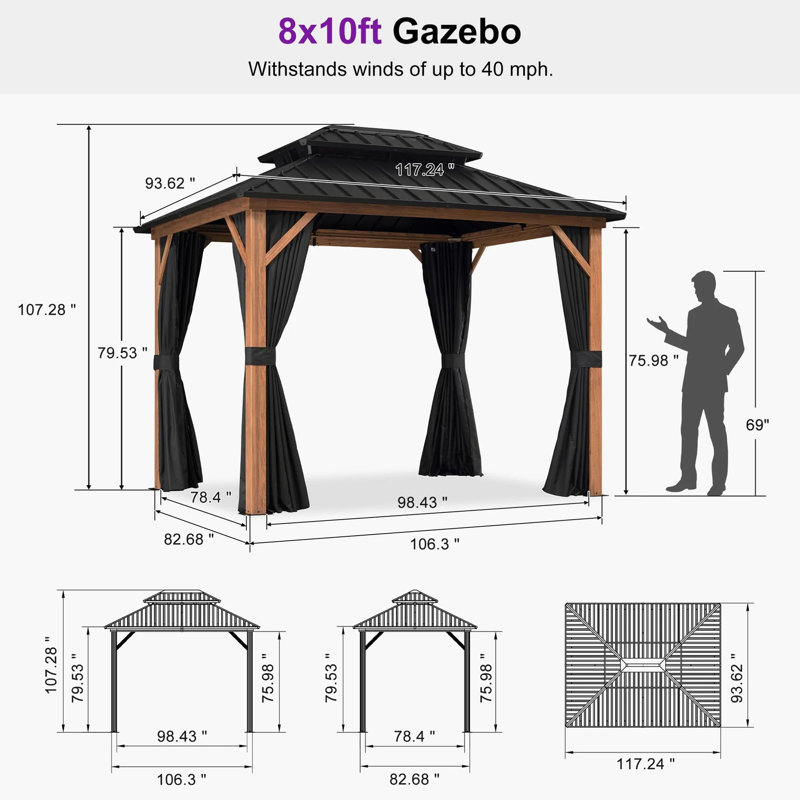 PURPLE LEAF 8' X 10' Hardtop Gazebo Outdoor Wood Grain Aluminum Frame Galvanized Steel Double Roof Gazebos with Netting and Curtains for Patio Deck Backyard Garden