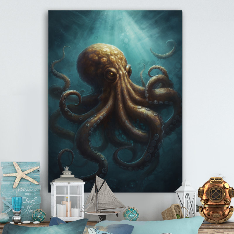 Décoration murale en métal brun pieuvre sous les mers - pieuvre animaux, H 40 po x l 30 po x P 1 po