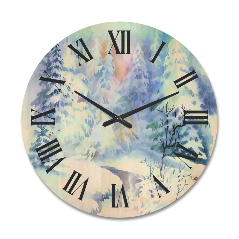 Horloge murale en bois paysage d'hiver avec rivière enneigée I, Très grand