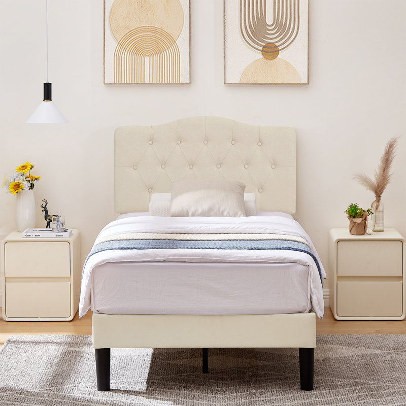 Kempst Upholstered Bed with Adjustable Headboard & Solid Wooden Slats, Under Bed Storage, No Box Spring Needed, Twin, Beige