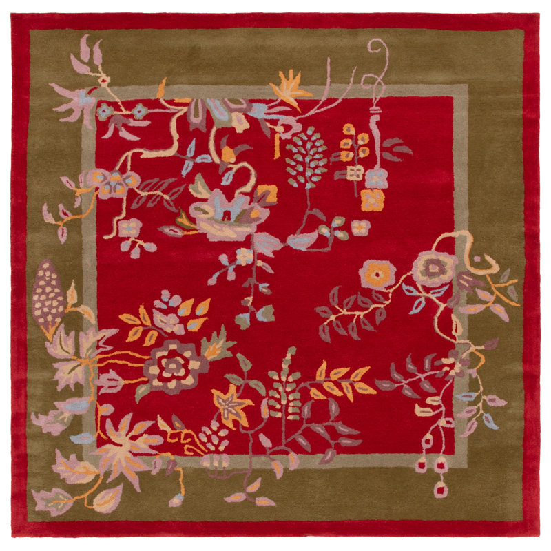 Shrinivas Hand Tufted Wool/Cotton Floral Rug in Red/Green, Square 6'