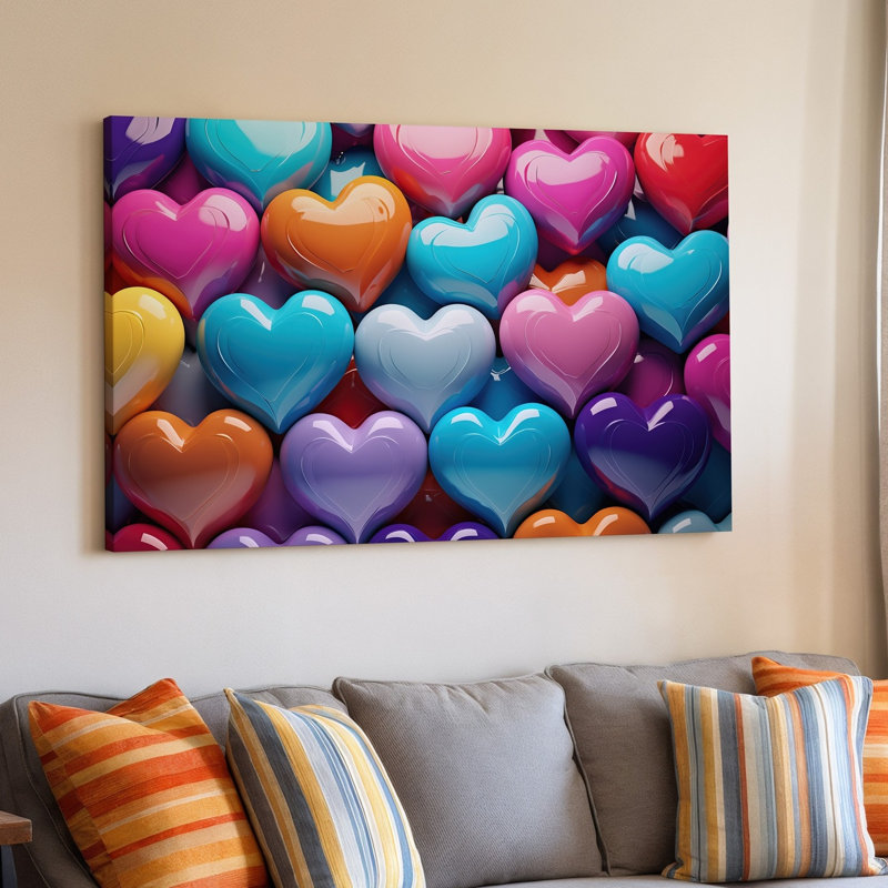 Toile un motif vibrant et fantaisiste avec un tableau d'art mural brillant de cœurs colorés de différentes tailles et nuances, y compris l'art mural sur toile