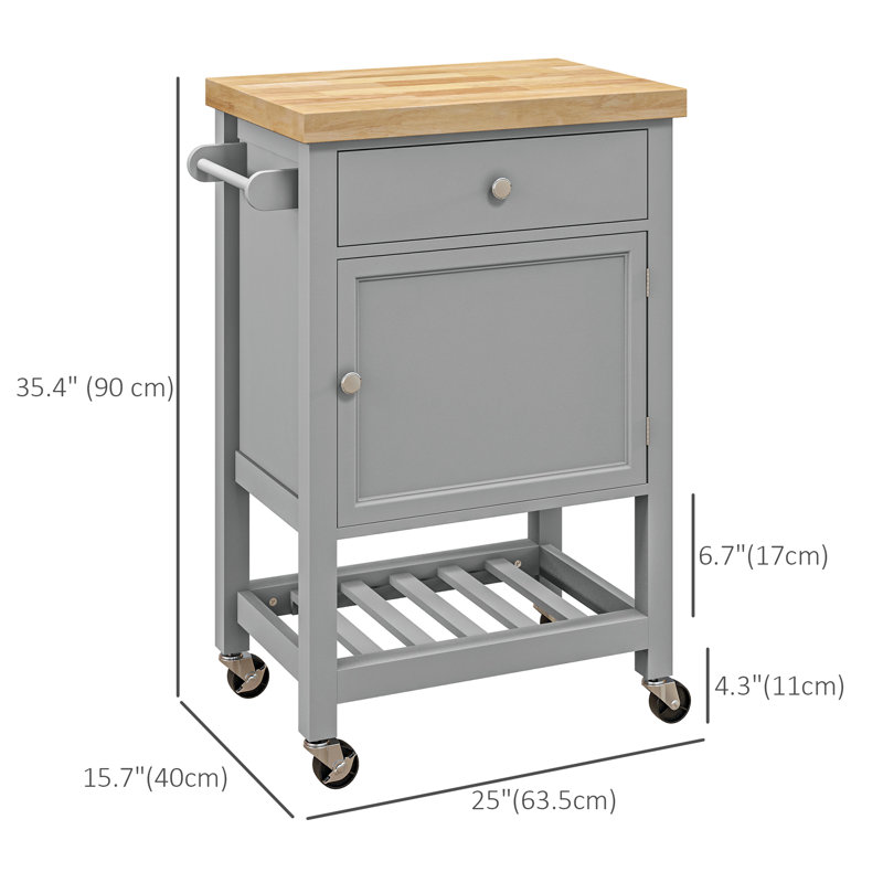 Îlot de cuisine Aidric avec plateau de boucher et roulettes verrouillables, Gris