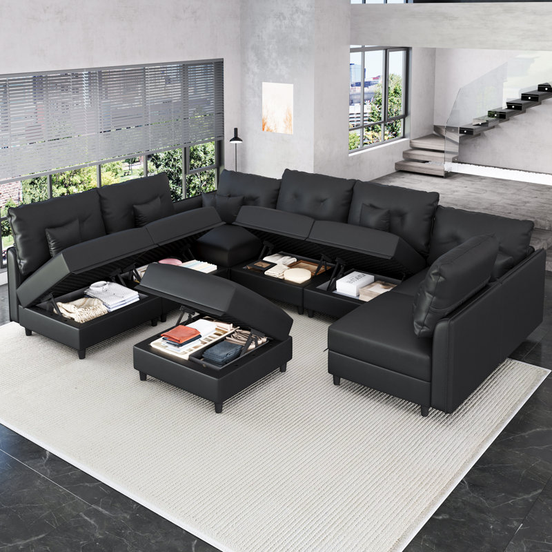 Canapé modulaire rembourré avec repose-pieds 8 pièces Zendajas, Black Faux Leather
