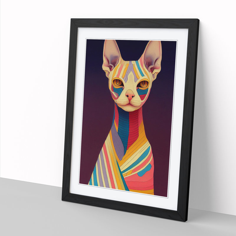 Sphynx Cat Scroll Art - Single Picture Frame Print, 64cm H x 46cm W x 2cm D, Black