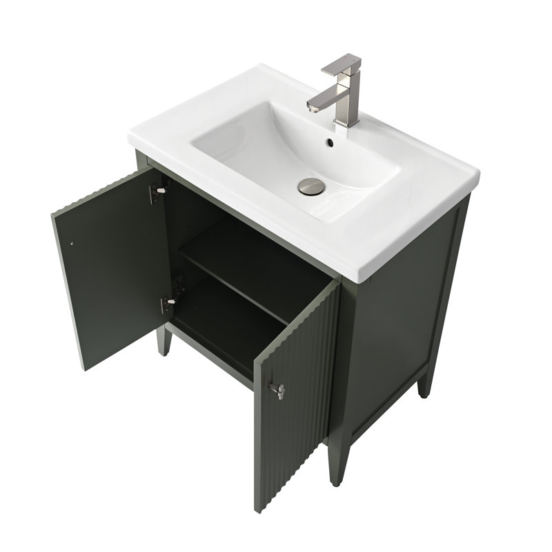 Meuble-lavabo sur pied à simple cuve 30 po avec plateau en céramique blanche, Nickel brossé, Linéaire vert rétro, 30"