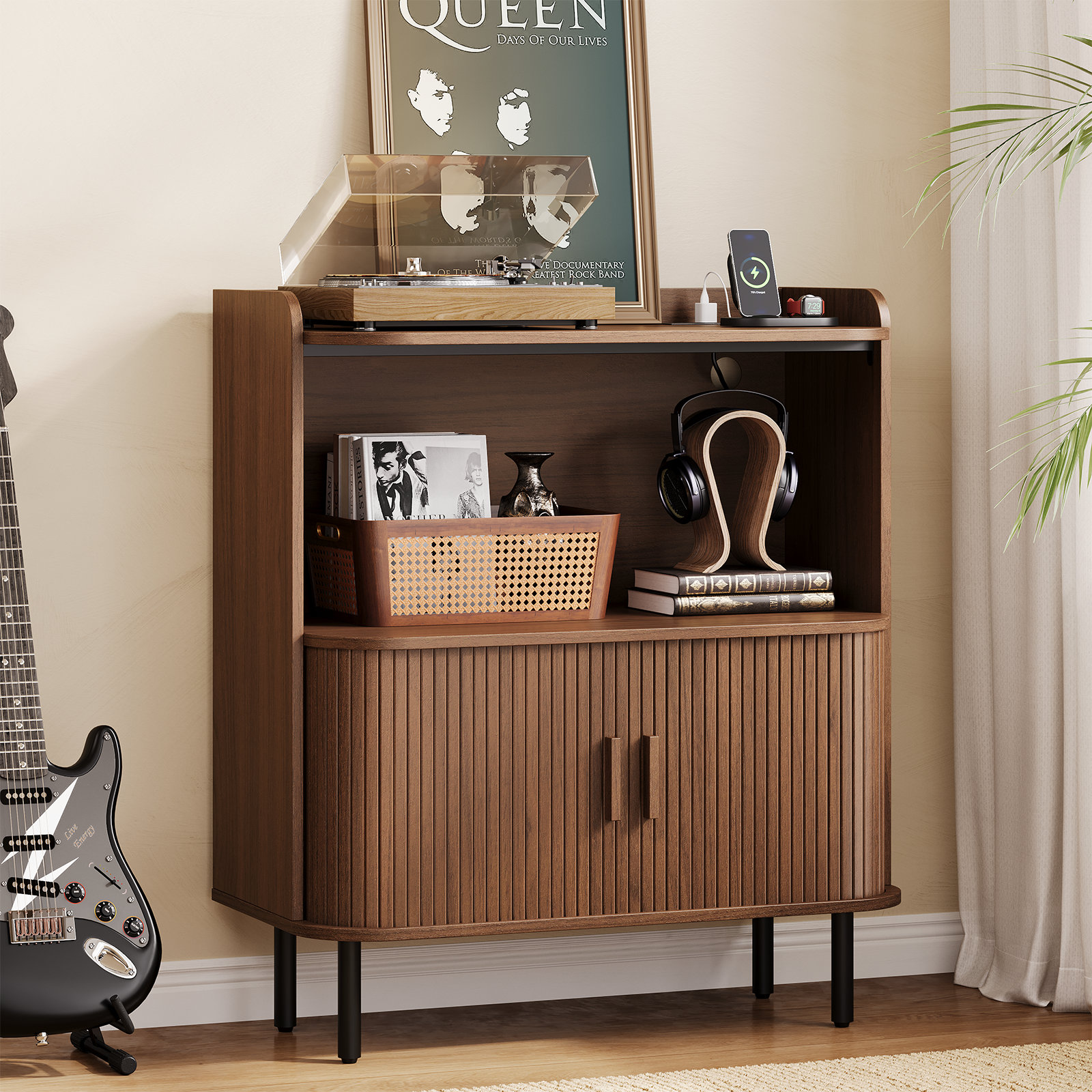 Mid-Century Turntable Stand With Sliding Doors - Vinyl Record Storage Cabinet For Living Room & Bedroom - Brown