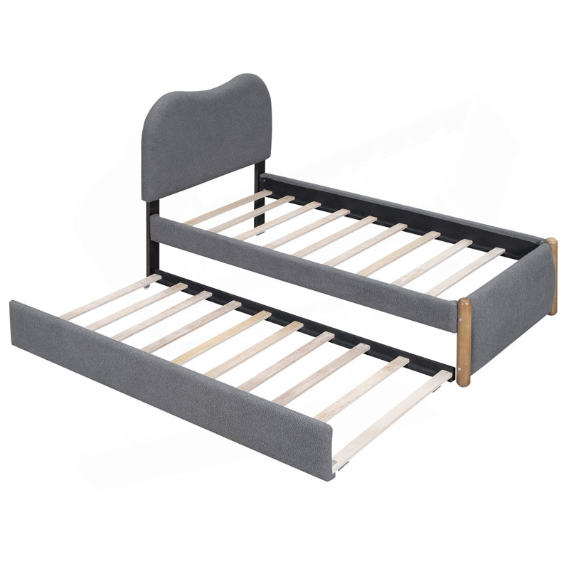 Lit plateforme simple tapissier avec pieds de support en bois et lit gigogne simple, gris, Lit simple, Gris