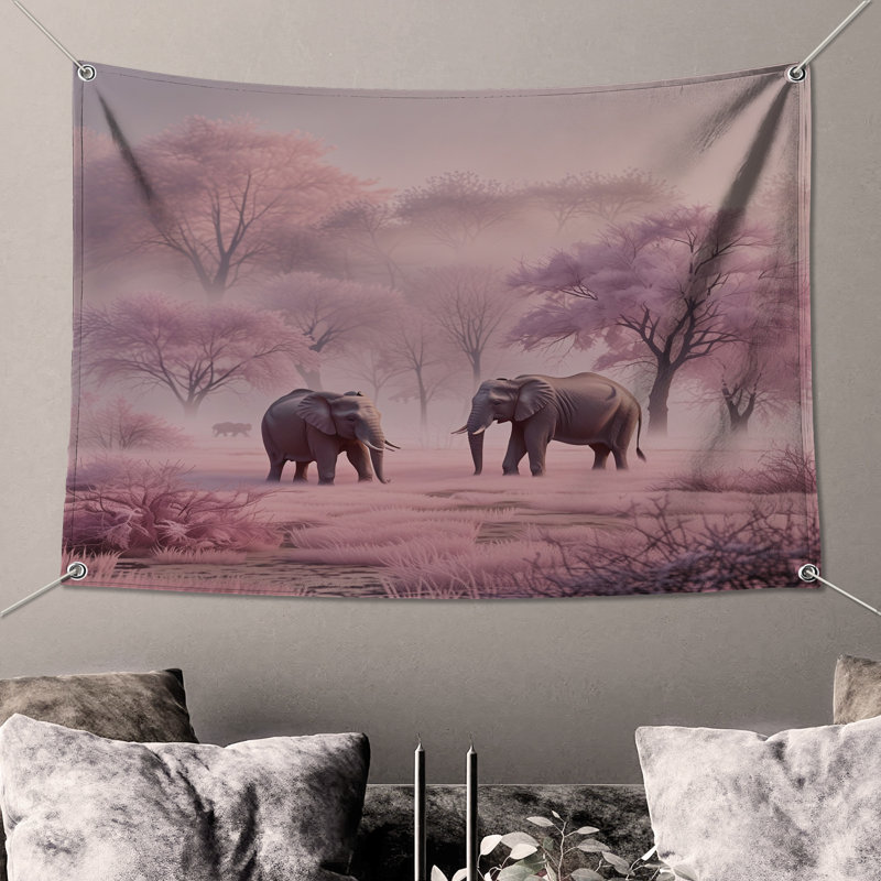 Tapisserie murale «Éléphants dans la forêt rose» - Décoration murale éléphants, H 50 po x l 60 po avec 4 œillets