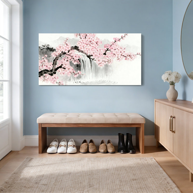 Tableau à l'encre représentant une cascade de fleurs de cerisier, sur toile tendue (lot de 1)., H 20 po x l 40 po