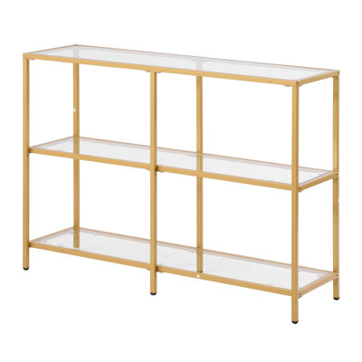 3-Tier Glass Console Table, Modern Rectangle Sofa Side Table With Tempered Glass Top And Iron Legs, Golden Consloe Desk With Anti-Tip Device For Living Room, Hallway, Entryway, Foyer, Golden
