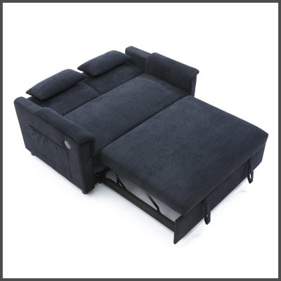 55" Velvet Two Seater Pull Out Sofa Bed, Adjustable Backrest With USB Ports, Two Side Pockets, 3 in 1 Convertible Sleeper Sofa Bed, Modern Love Seat Lounge,2 waist pillows for living rooms BLACK