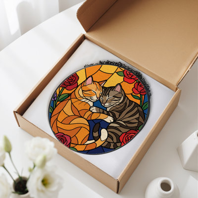 7.8"H Cats Roses Stained Glass Window Panel