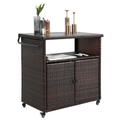Outdoor Wicker Bar Cart, Patio Wine Serving Cart W/Wheels , Rolling Rattan Beverage Bar Counter Table W/Glass Top For Porch Backyard Garden Poolside Party