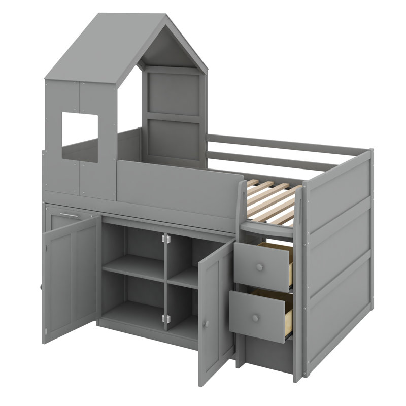 Lit mezzanine peu encombrant avec bureau intégré, tiroirs de rangement et armoires, Gris