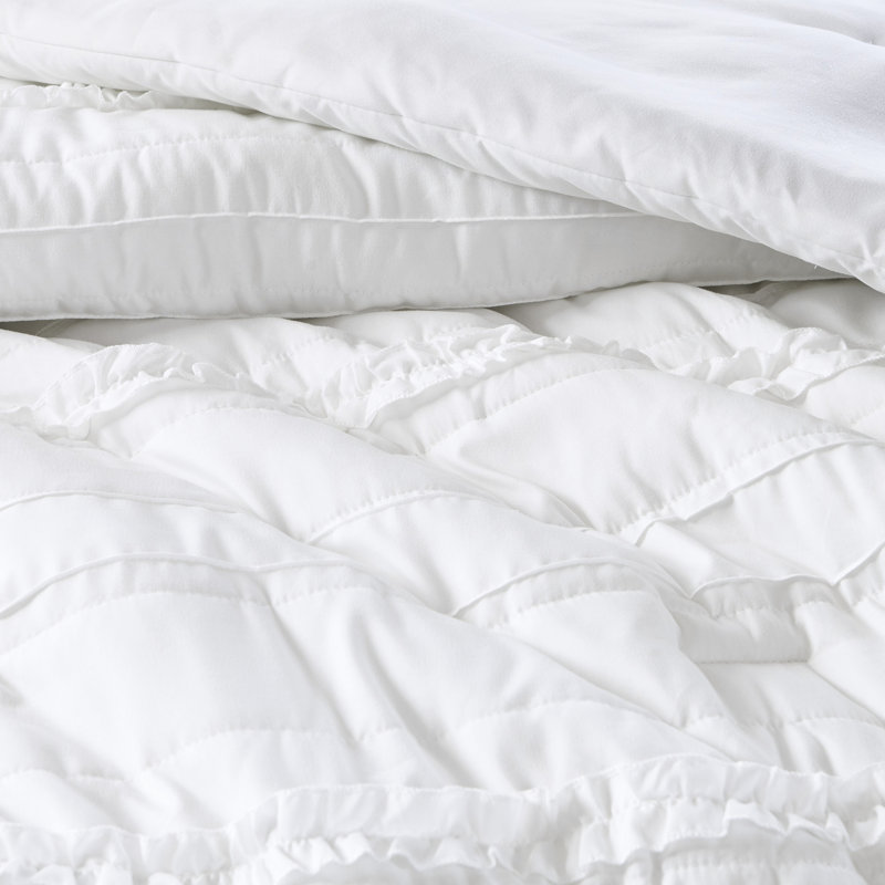 Literie en microfibre blanche très grand - 5 pièces, Style, À volants, Comprend une pièce d'édredon décoratif, Microfibre, Facile à nettoyer