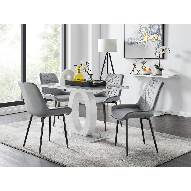 Scottsmoor Modern High Gloss & Glass Dining Set - 4 Luxury Velvet Mid-Century Upholstered Chairs, Grey/Black