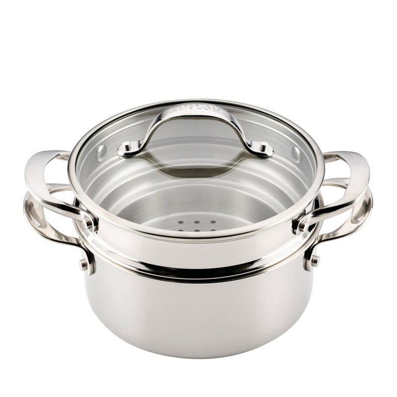 Vanderpump By Anolon Tri-Ply Clad Stainless Saucepot with Lid and Steamer Insert, 3-Quart, Stainless Steel