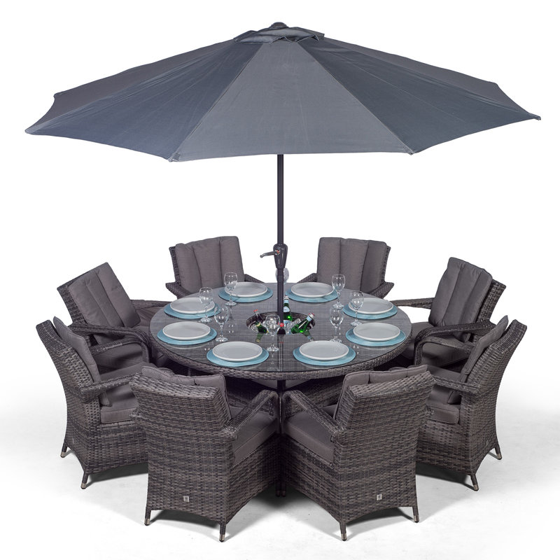 Karas 8 - Person Wicker Patio Dining Set with Round Table , Cushions Included, Grey