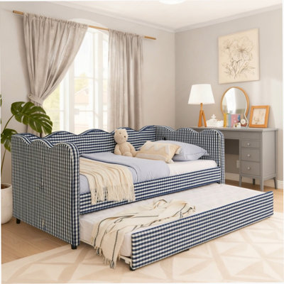 Cozy Gingham Daybed with Trundle Twin Size Sofa Bed No Box Spring Needed, with USB Port and Adorable Wave Shaped, Linen Fabric, Navy