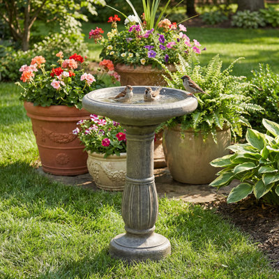 Cassian Classic Traditional Polyresin Pedestal Birdbath with Neoclassical Column Base and Antique Stone-Look Finish
