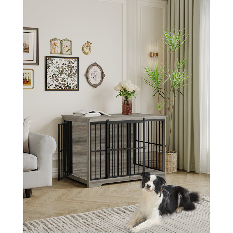 XL Large Dog Crate Furniture, Indoor Dog Kennel Furniture with Barn Door, Wooden Tall Dog Crate, Heavy Duty Dog Cage for Large Dogs, Side End Table, Anti-Chew