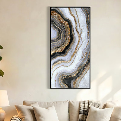 Décoration murale abstraite moderne 20 x 40 pouces, toile noire et dorée avec, peinte à la main, idéale pour le bureau d'art à la maison, toile, décor professionnellement polyvalent