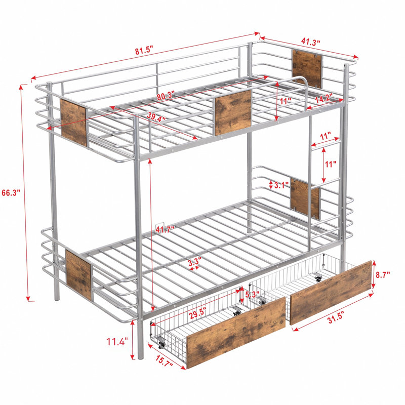 Lit superposé simple TG au-dessus de simple TG avec garde-corps en panneau de fibres à densité moyenne et deux tiroirs de rangement
