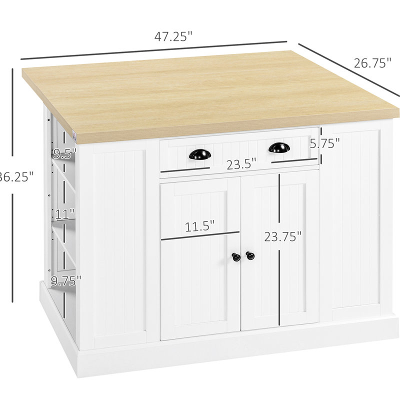 Îlot de cuisine 47 po, blanc, avec portes d'armoire pour rangement dissimulé