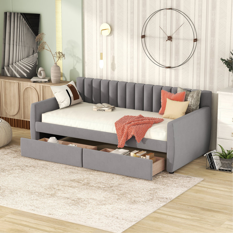 Lit de jour simple tapissier avec tiroirs, Gris