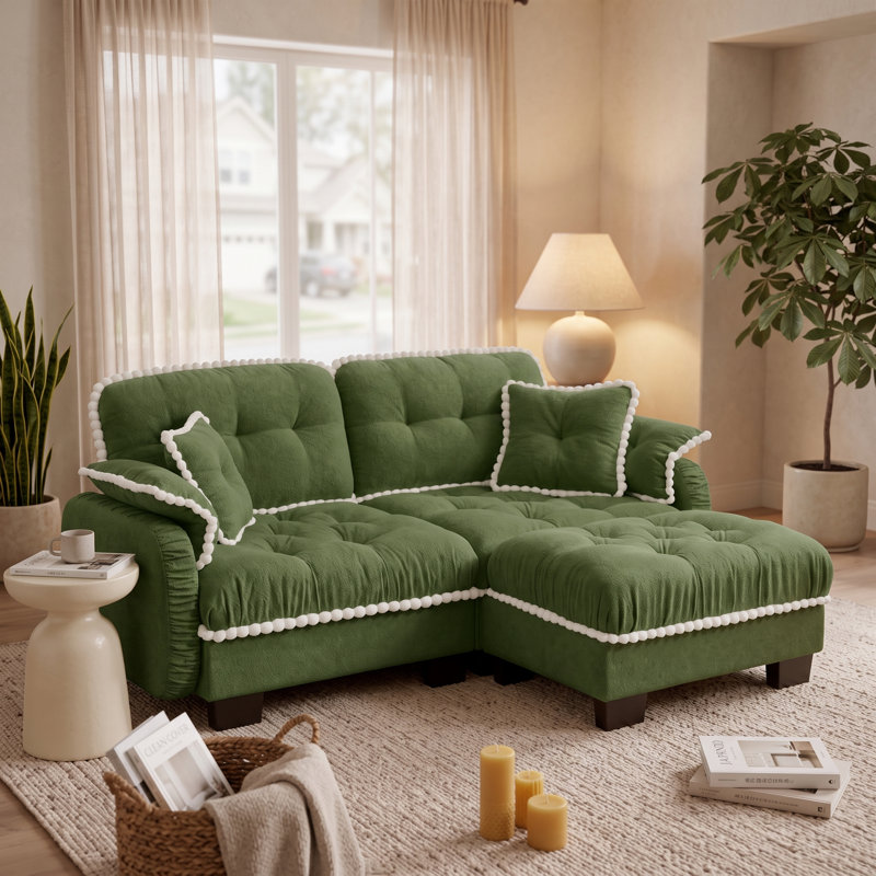 Canapé 2 places vert en chenille motif nuage avec pouf amovible, coussins capitonnés et finitions à pompons