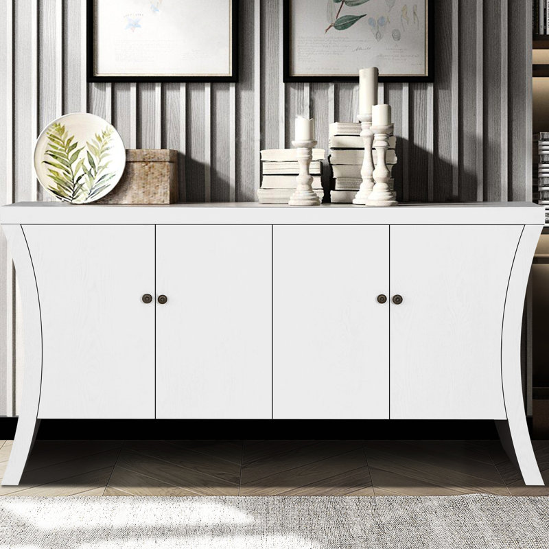 Avancée en bois à 4 portes avec pieds en arc et fermoirs en bronze - Optimisez le rangement dans le salon, la forme arquée rétro à finition blanche offre amplement d'espace