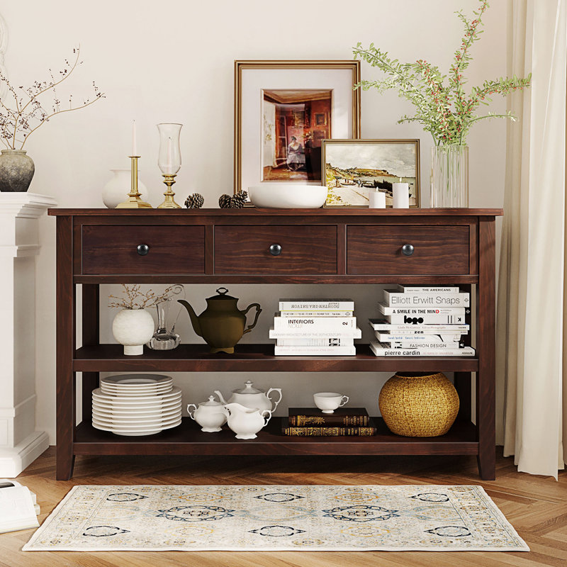 Retro Design Console Table with Two Open Shelves, Pine Solid Wood Frame