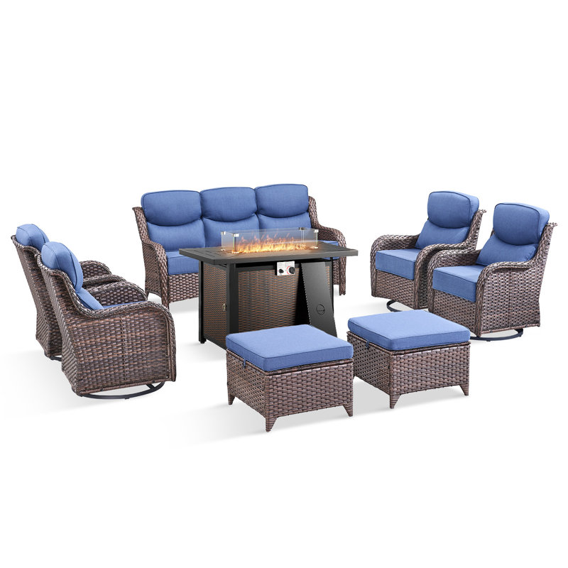 Ensemble de conversation d'extérieur 8 pièces Polygala avec foyer rectangulaire en métal, 4 fauteuils pivotants et canapé 3 places, coussins épais
