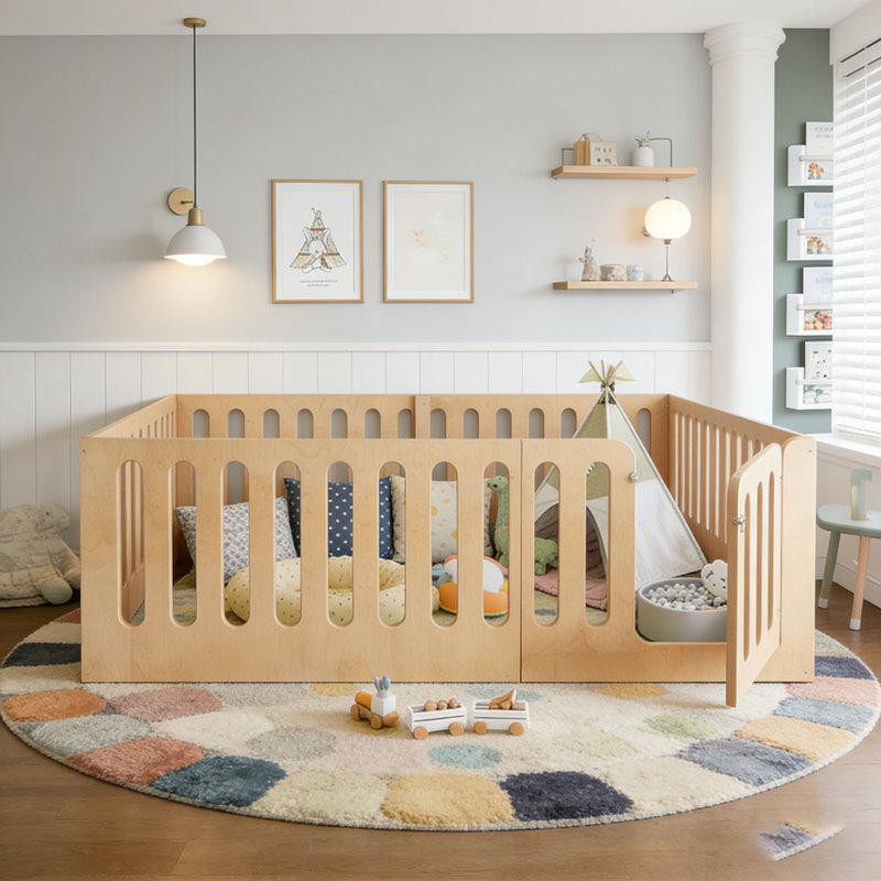 Floor Bed with High Fence with Door, low-profile and No Box Spring Needed Design, Natural, Full