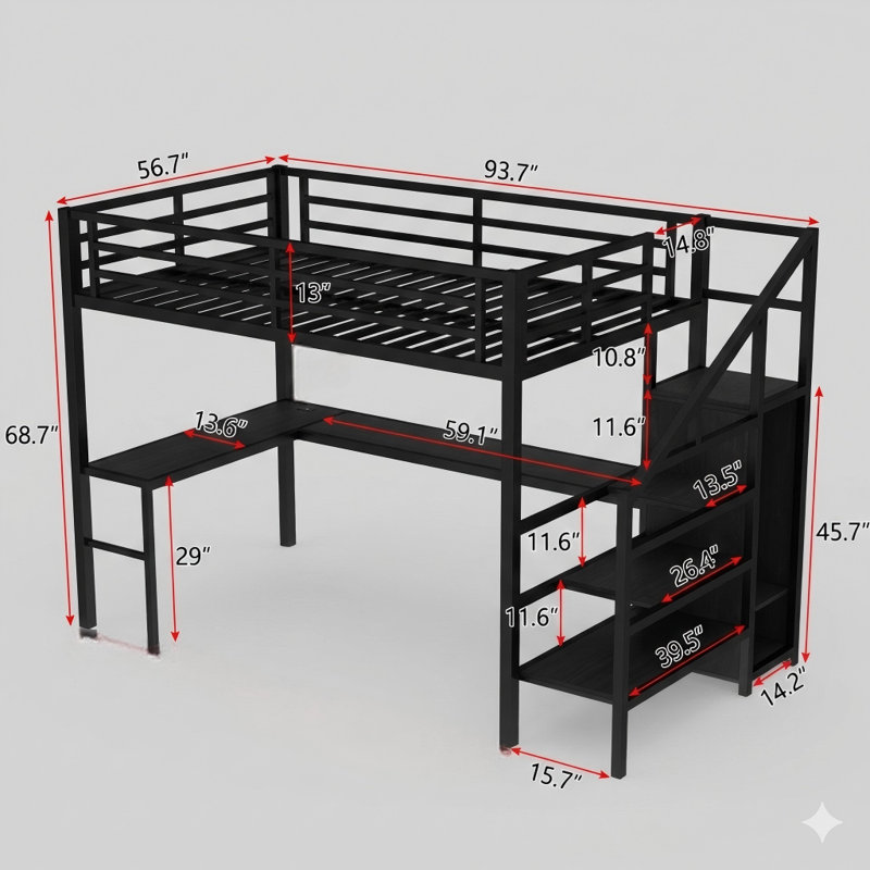 Lit mezzanine double en métal noir avec bureau en L, ports USB, garde-robe, tablettes réglables et éclairage à DEL intégré pour tous les âges